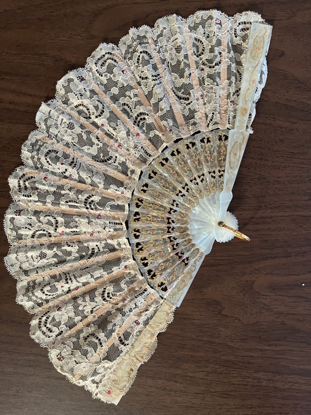 Vintage Lace Sequin and Gold ornate fan